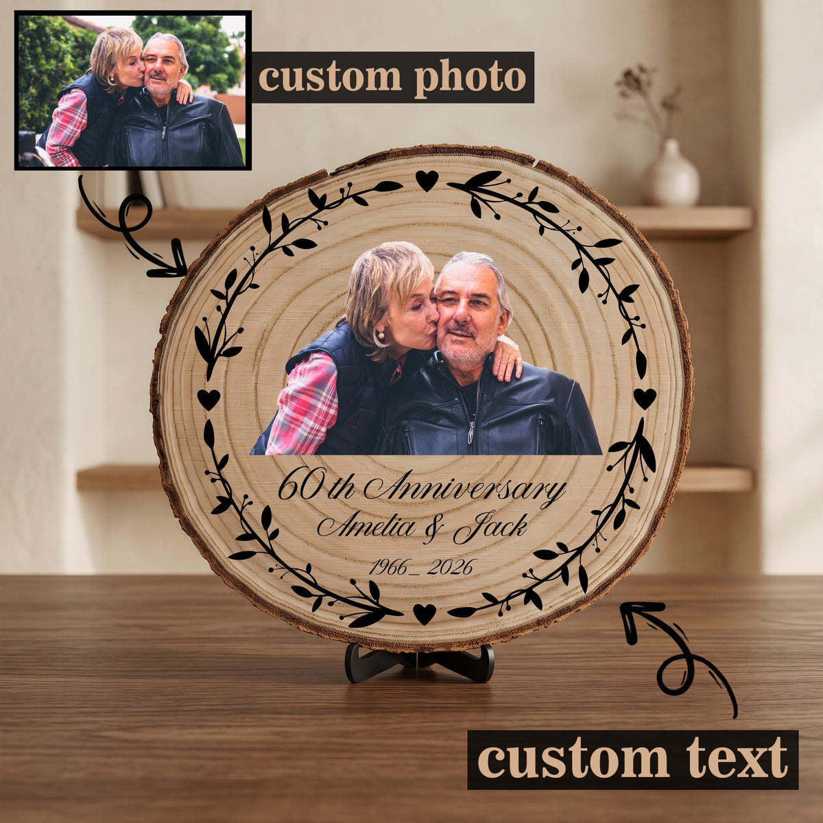 Personalized Engraved Wood Slice Photo Sign, Custom Couple or Family Portrait