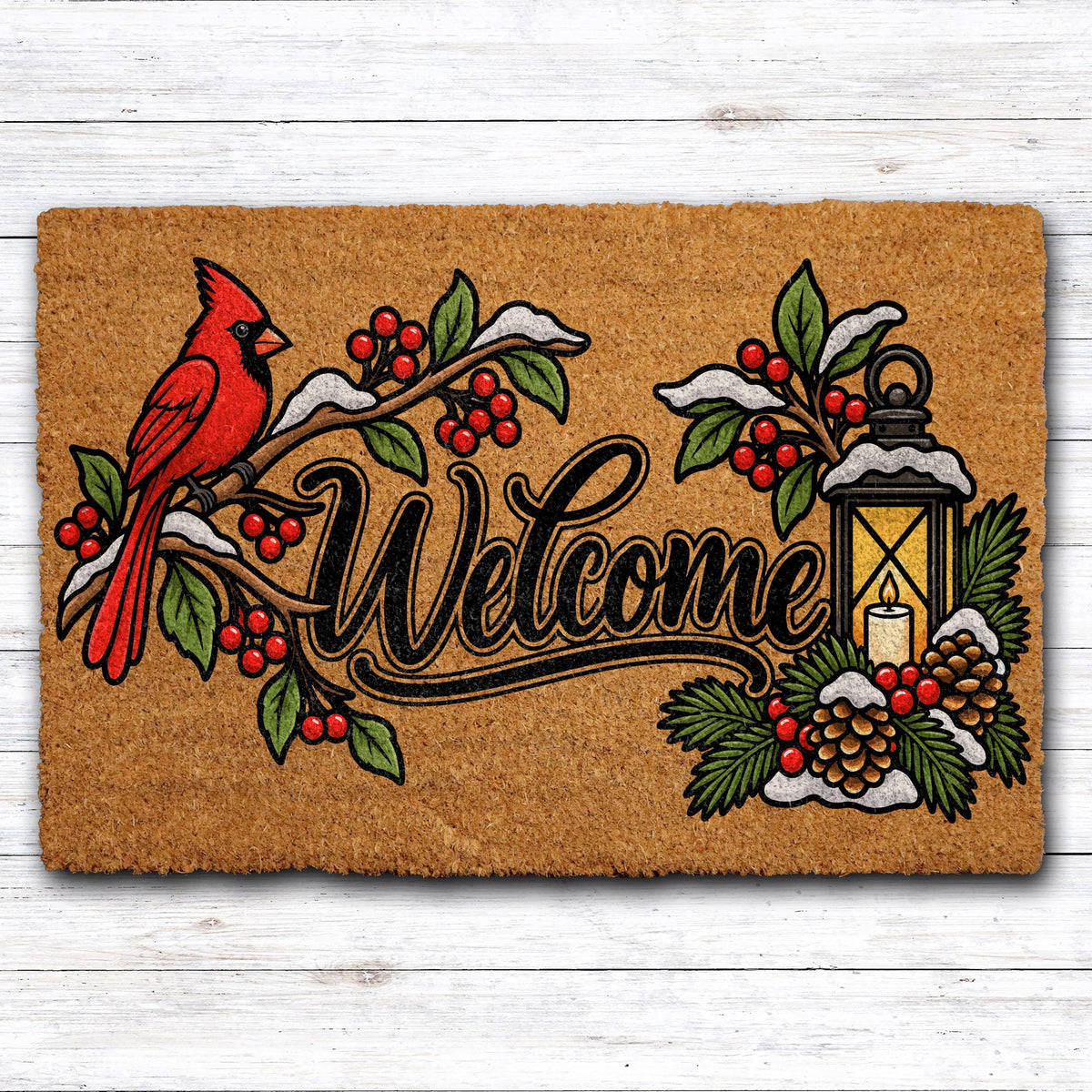 Red Cardinal Snowy Winter Welcome Mat, Festive Pinecone Lantern Design Doormat