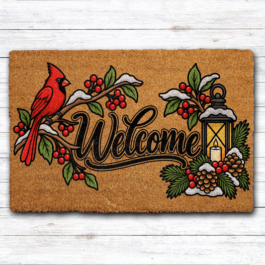 Red Cardinal Snowy Winter Welcome Mat, Festive Pinecone Lantern Design Doormat