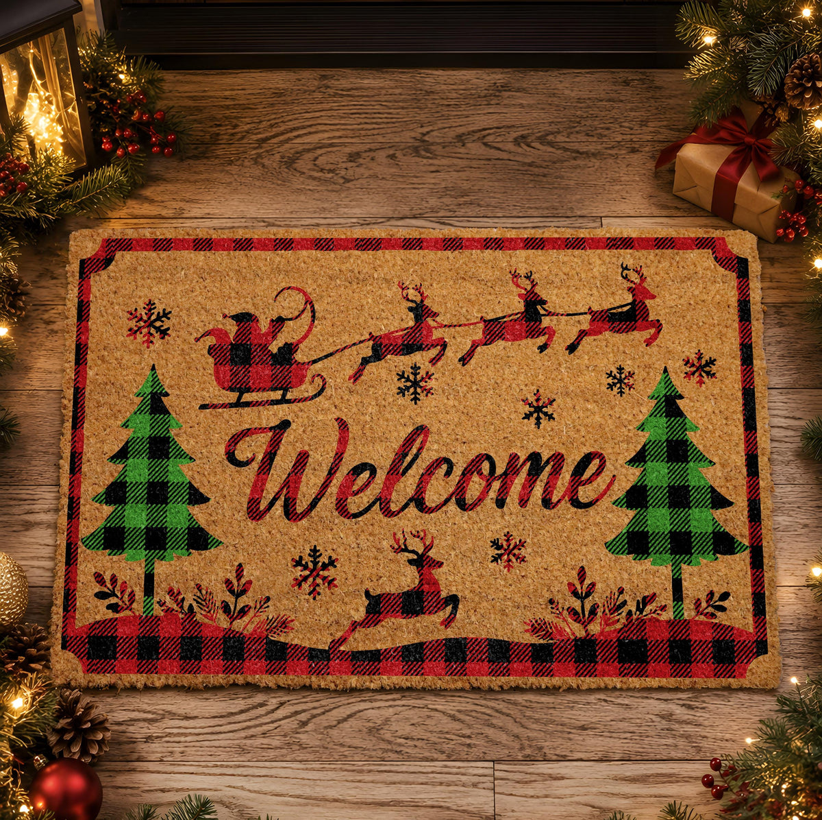 Santa Sleigh Silhouette Christmas Doormat, Buffalo Plaid Holiday Welcome Mat