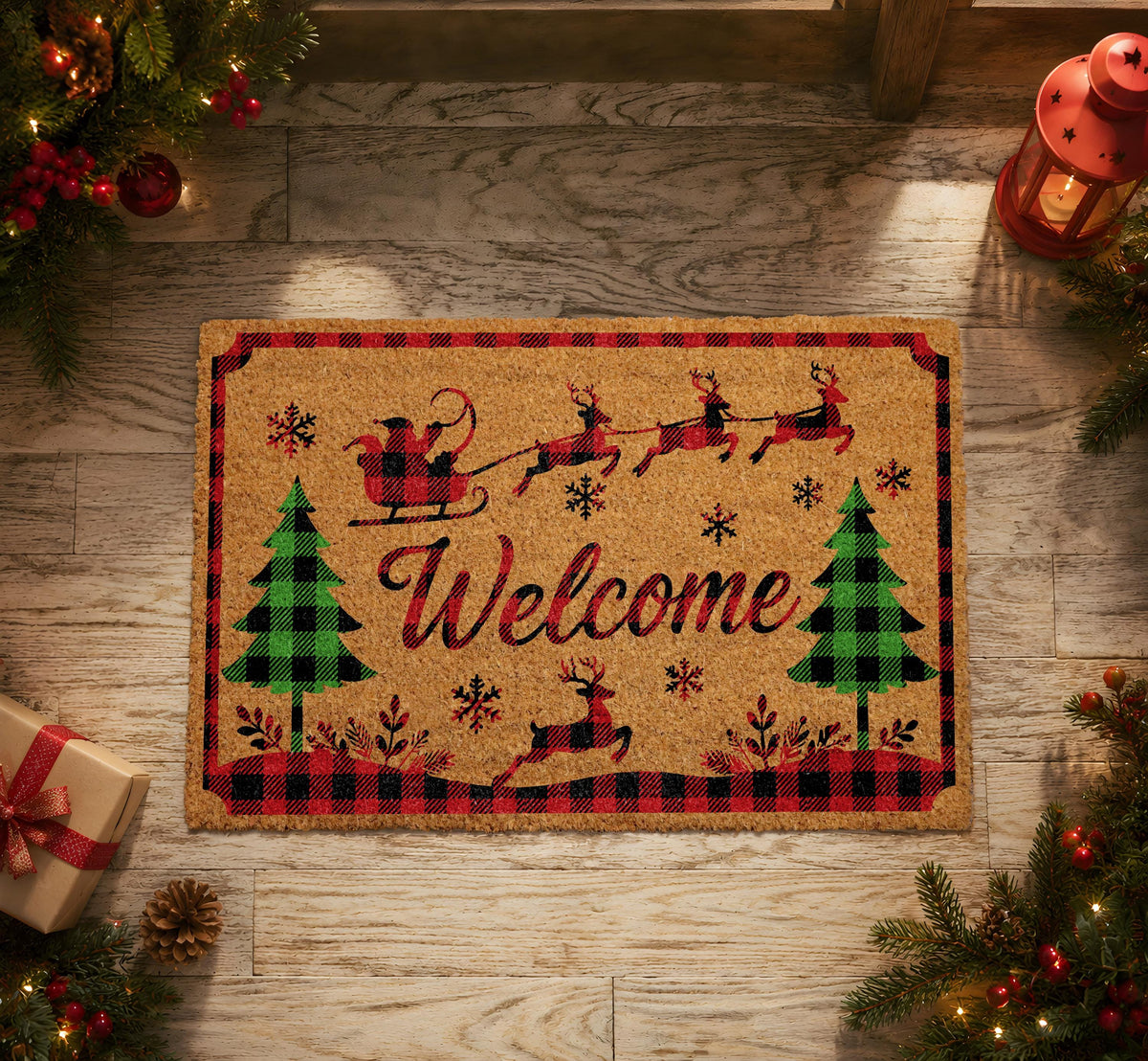 Santa Sleigh Silhouette Christmas Doormat, Buffalo Plaid Holiday Welcome Mat