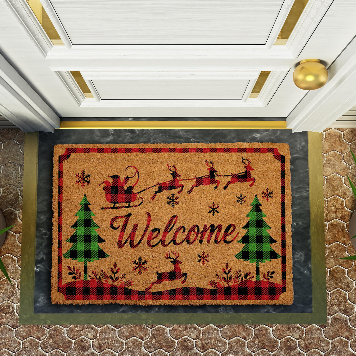Santa Sleigh Silhouette Christmas Doormat, Buffalo Plaid Holiday Welcome Mat