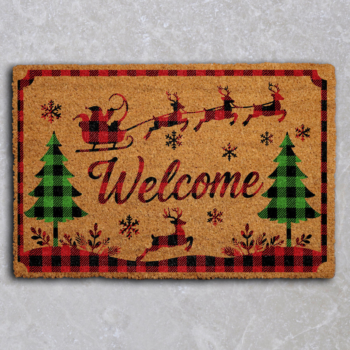Santa Sleigh Silhouette Christmas Doormat, Buffalo Plaid Holiday Welcome Mat