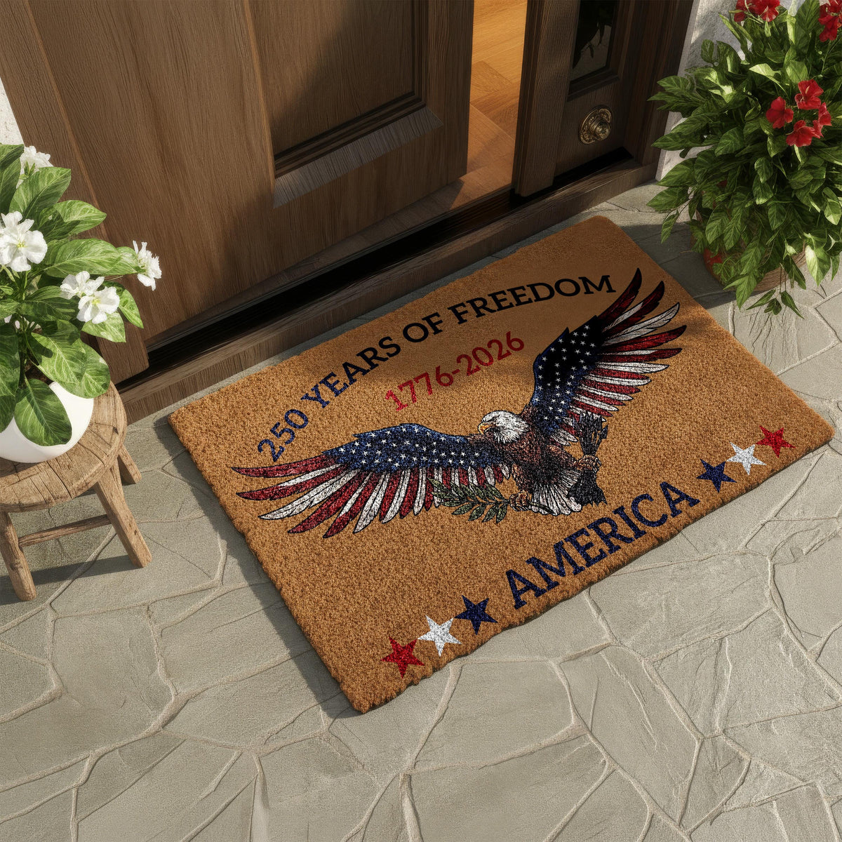 Freedom America Doormat, USA Anniversary Welcome Mat, American Housewarming Gift, Patriotic Front Porch Coir Rug