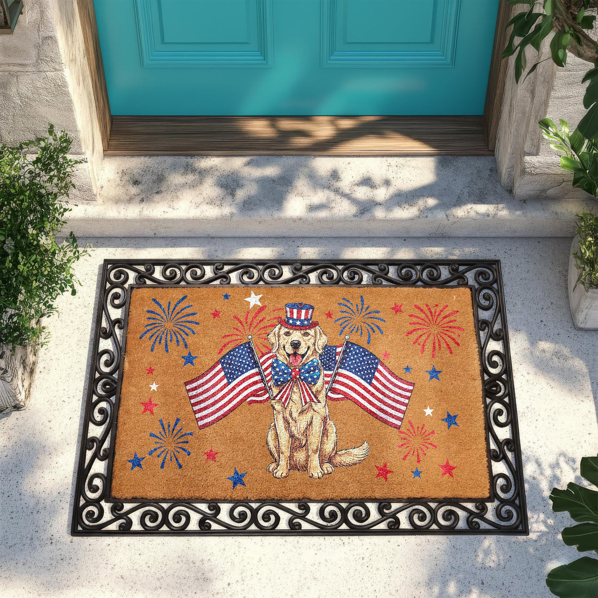 Golden Retriever 4th of July Doormat, Patriotic Dog Welcome Mat, USA Anniversary Housewarming Gift, American Flag Front Porch Coir Rug