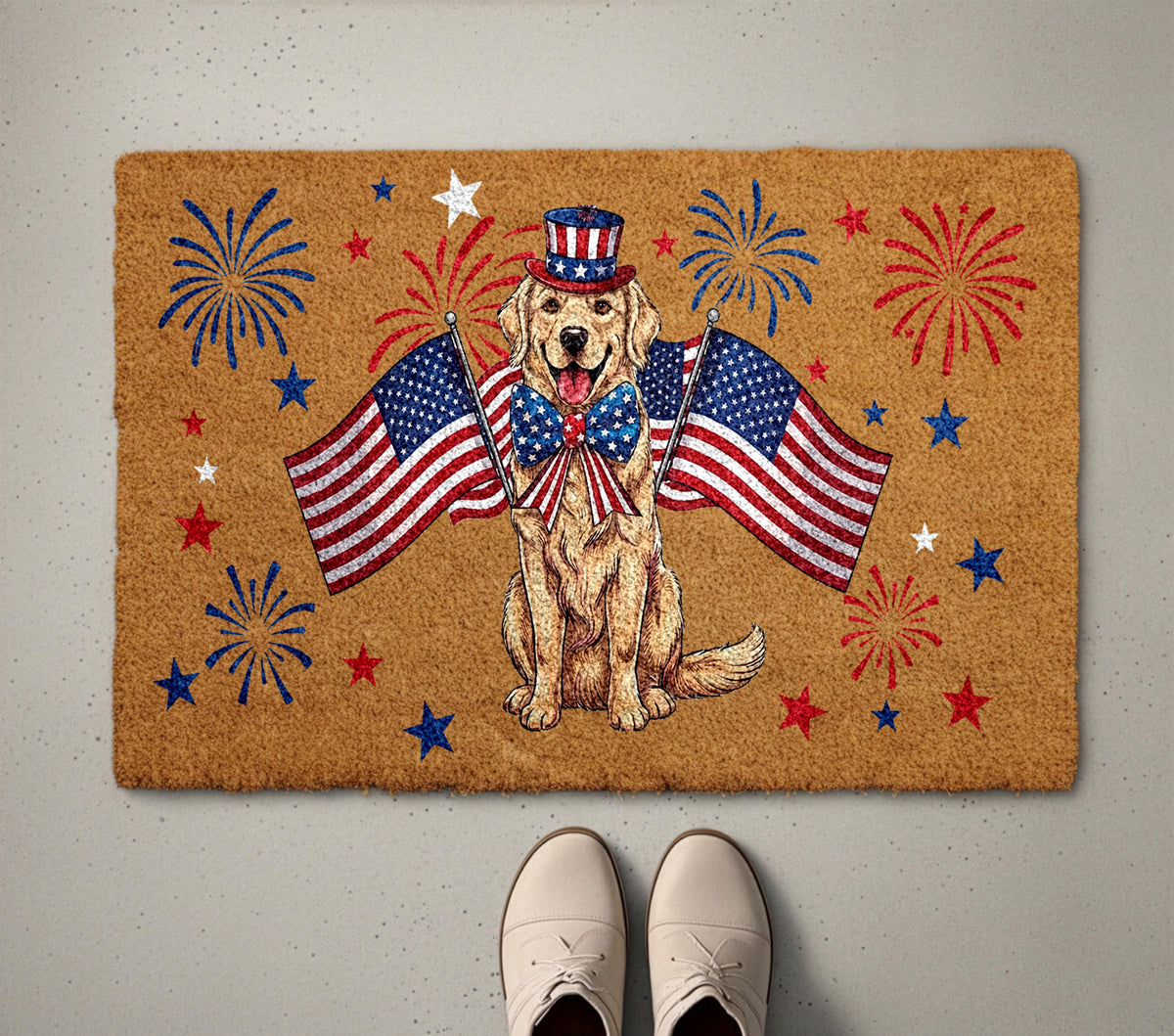 Golden Retriever 4th of July Doormat, Patriotic Dog Welcome Mat, USA Anniversary Housewarming Gift, American Flag Front Porch Coir Rug