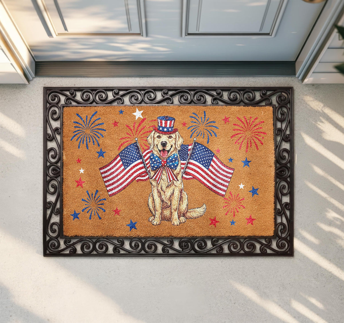 Golden Retriever 4th of July Doormat, Patriotic Dog Welcome Mat, USA Anniversary Housewarming Gift, American Flag Front Porch Coir Rug