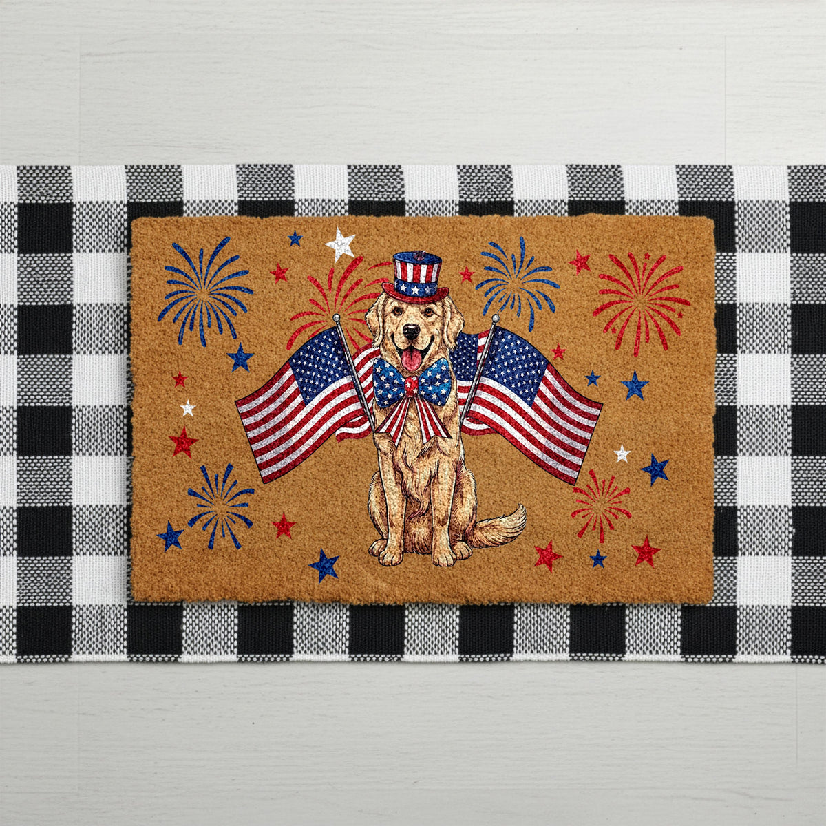 Golden Retriever 4th of July Doormat, Patriotic Dog Welcome Mat, USA Anniversary Housewarming Gift, American Flag Front Porch Coir Rug
