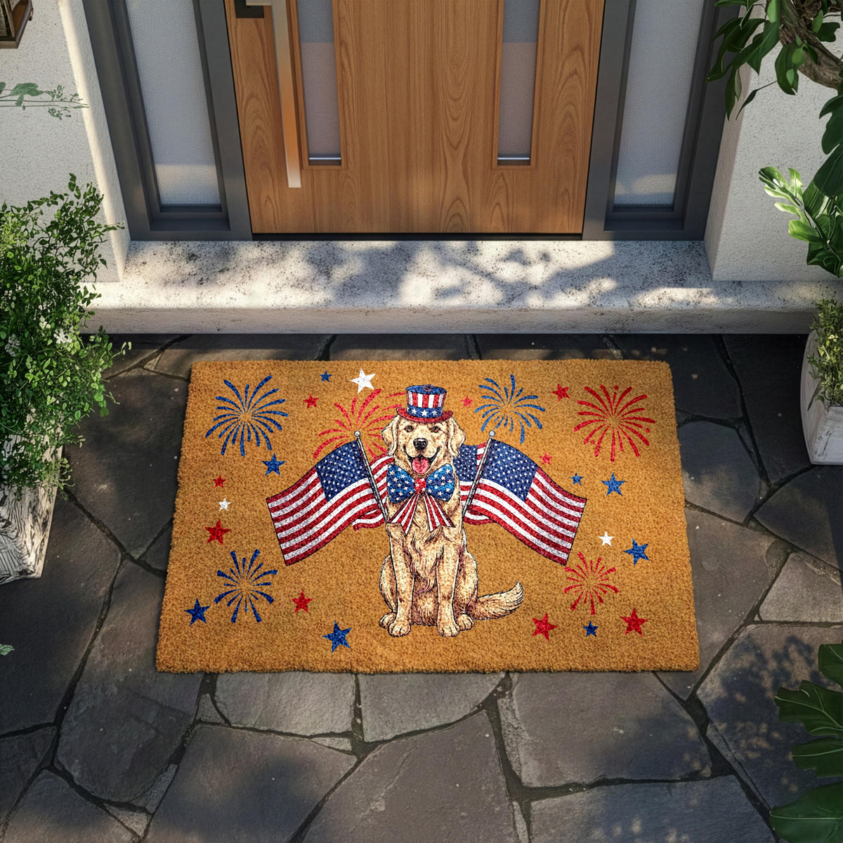 Golden Retriever 4th of July Doormat, Patriotic Dog Welcome Mat, USA Anniversary Housewarming Gift, American Flag Front Porch Coir Rug