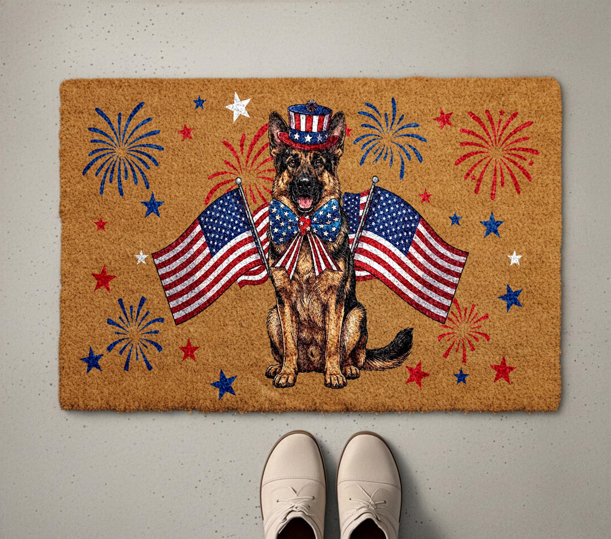 German Shepherd 4th of July Doormat, Patriotic Dog Welcome Mat, USA Anniversary Housewarming Gift, American Flag Front Porch Coir Rug