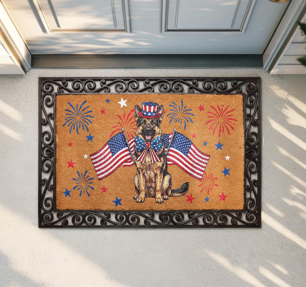 German Shepherd 4th of July Doormat, Patriotic Dog Welcome Mat, USA Anniversary Housewarming Gift, American Flag Front Porch Coir Rug