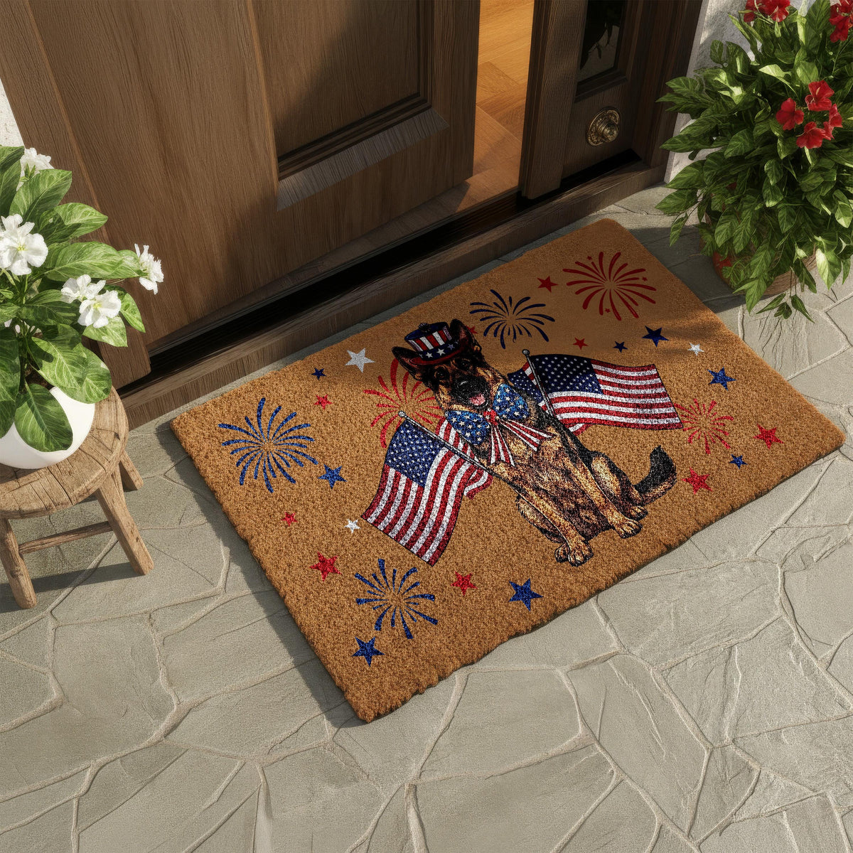 German Shepherd 4th of July Doormat, Patriotic Dog Welcome Mat, USA Anniversary Housewarming Gift, American Flag Front Porch Coir Rug