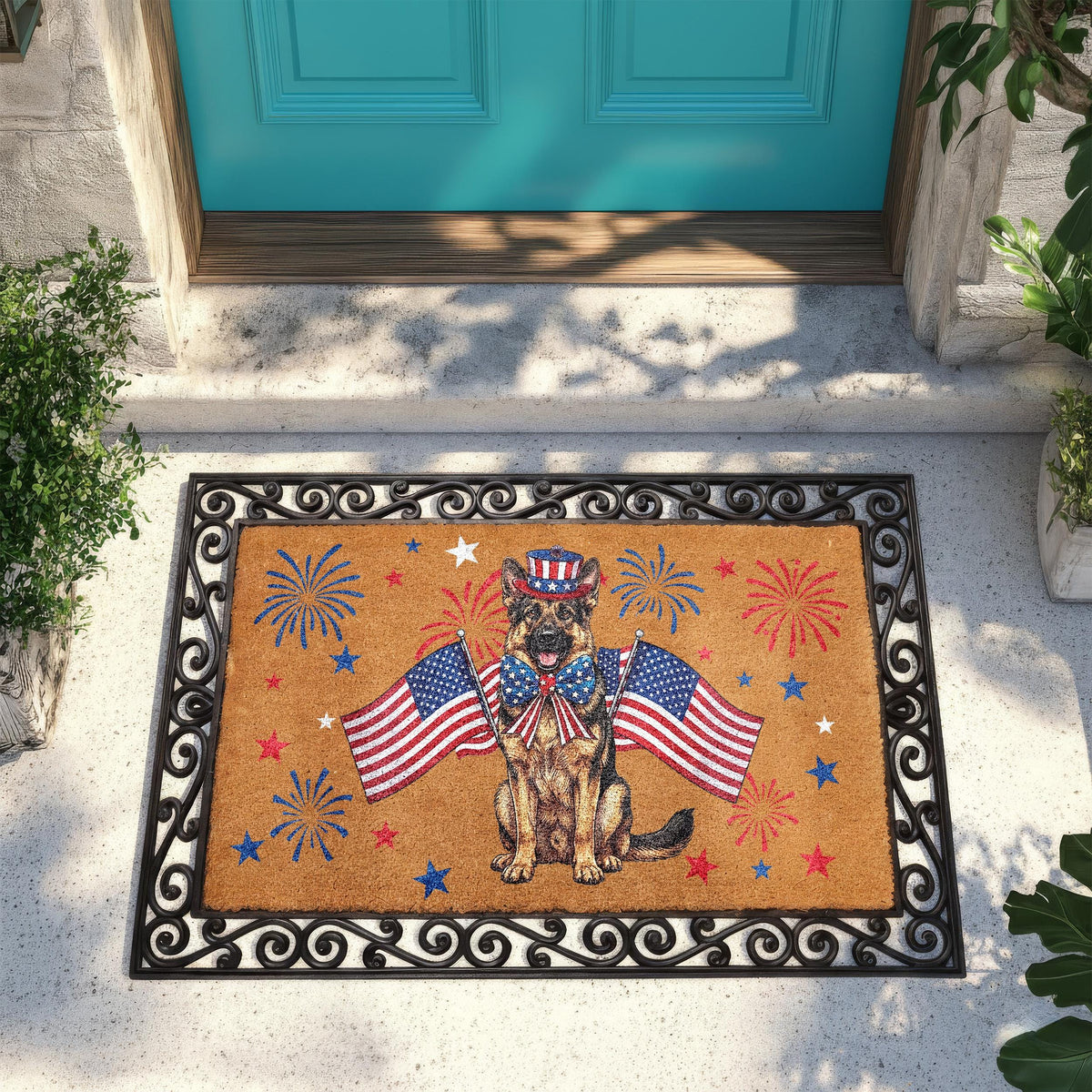 German Shepherd 4th of July Doormat, Patriotic Dog Welcome Mat, USA Anniversary Housewarming Gift, American Flag Front Porch Coir Rug