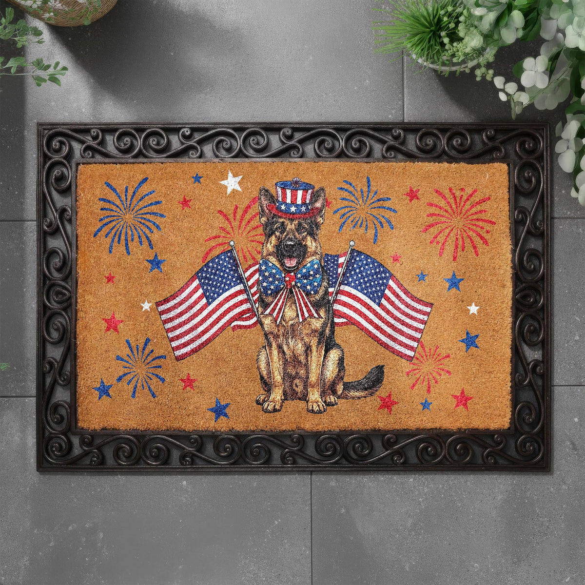 German Shepherd 4th of July Doormat, Patriotic Dog Welcome Mat, USA Anniversary Housewarming Gift, American Flag Front Porch Coir Rug