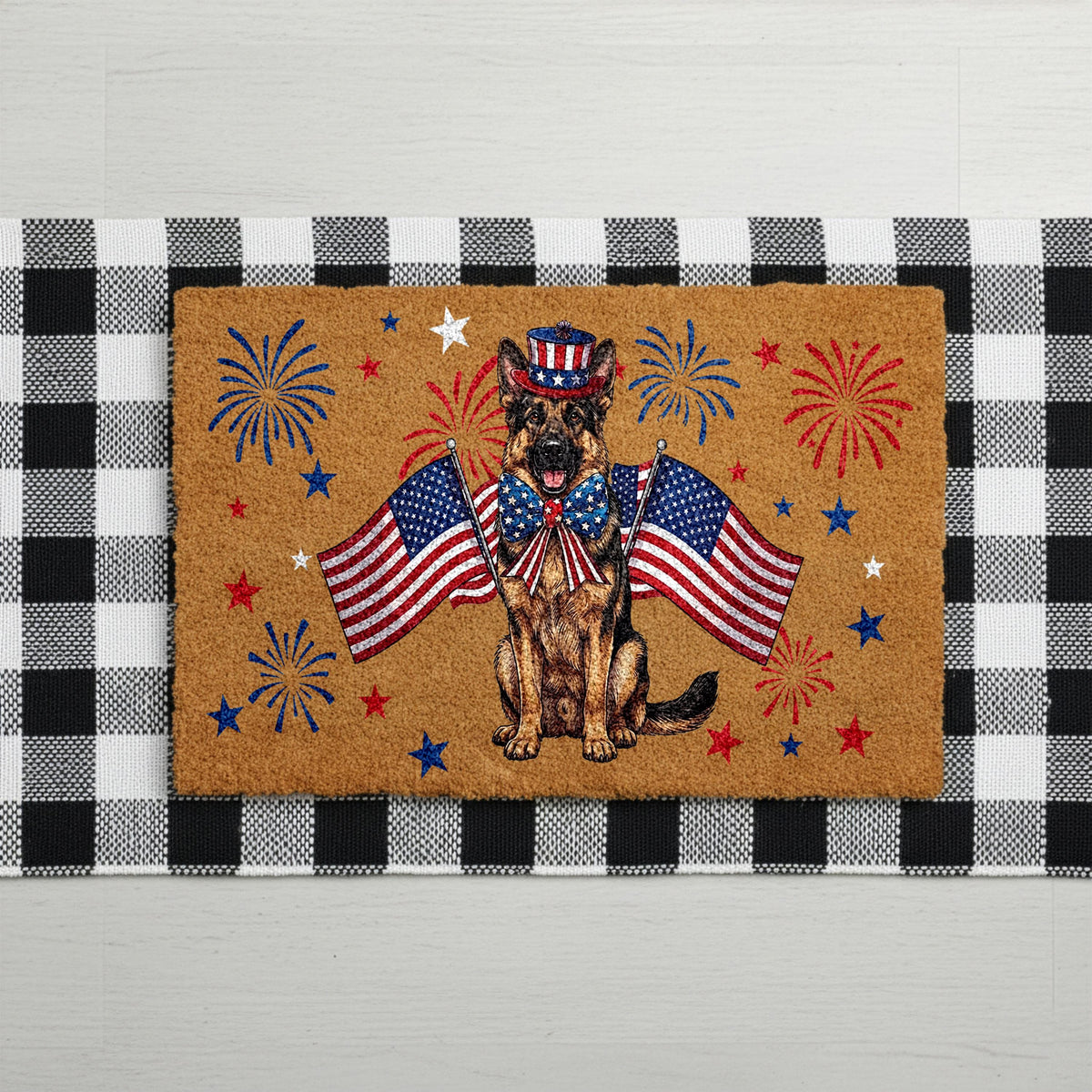 German Shepherd 4th of July Doormat, Patriotic Dog Welcome Mat, USA Anniversary Housewarming Gift, American Flag Front Porch Coir Rug