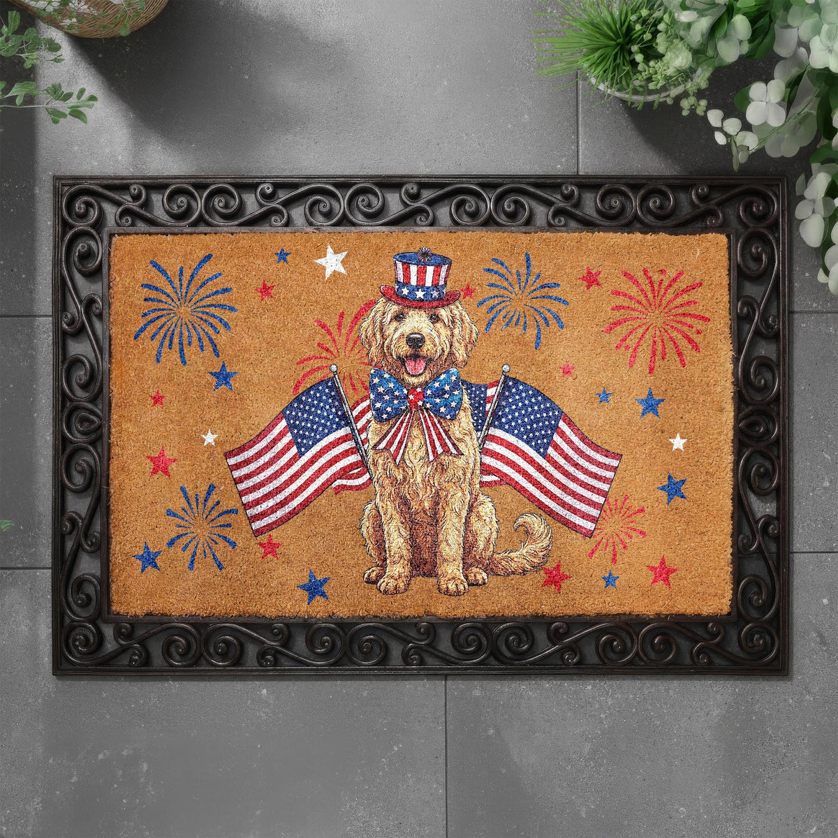Goldendoodle 4th of July Doormat, Patriotic Dog Welcome Mat, USA Anniversary Housewarming Gift, American Flag Front Porch Rug