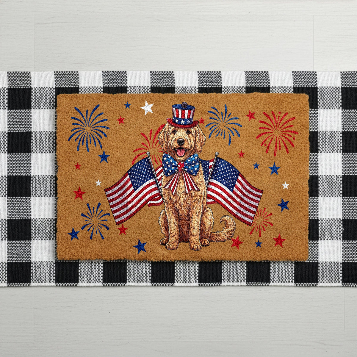 Goldendoodle 4th of July Doormat, Patriotic Dog Welcome Mat, USA Anniversary Housewarming Gift, American Flag Front Porch Rug