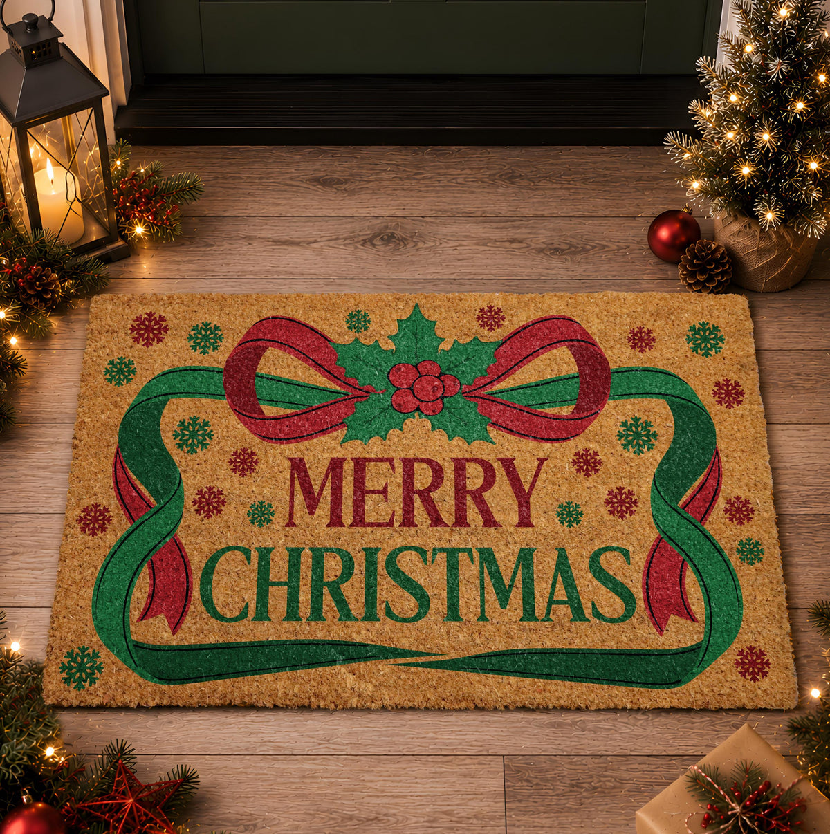 Merry Christmas Door Mat – Festive Red Bow, Holly, Snowflakes (Weather-Resistant)