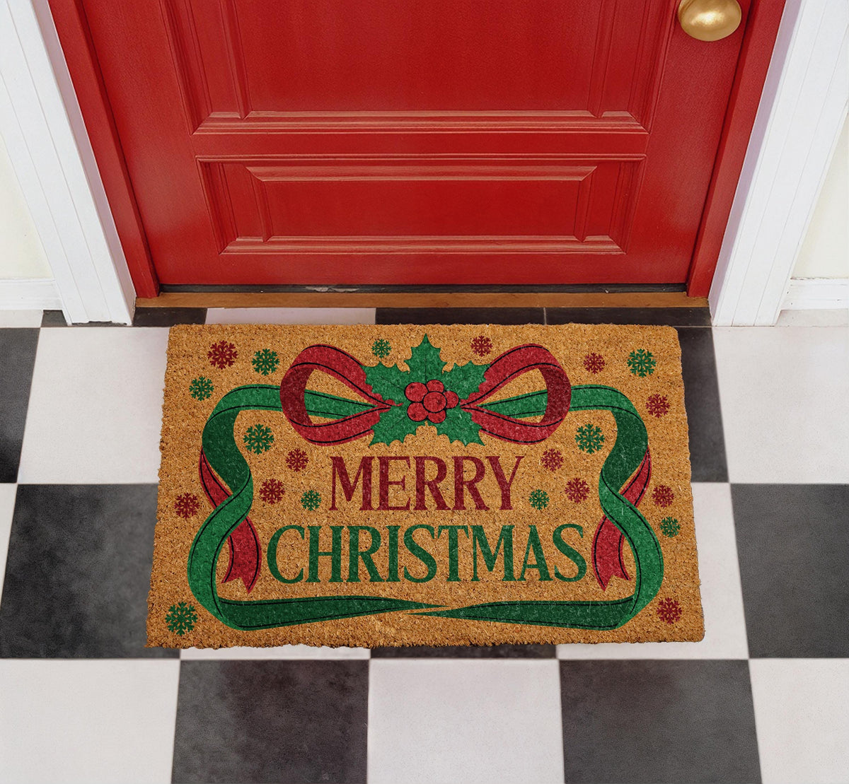 Merry Christmas Door Mat – Festive Red Bow, Holly, Snowflakes (Weather-Resistant)