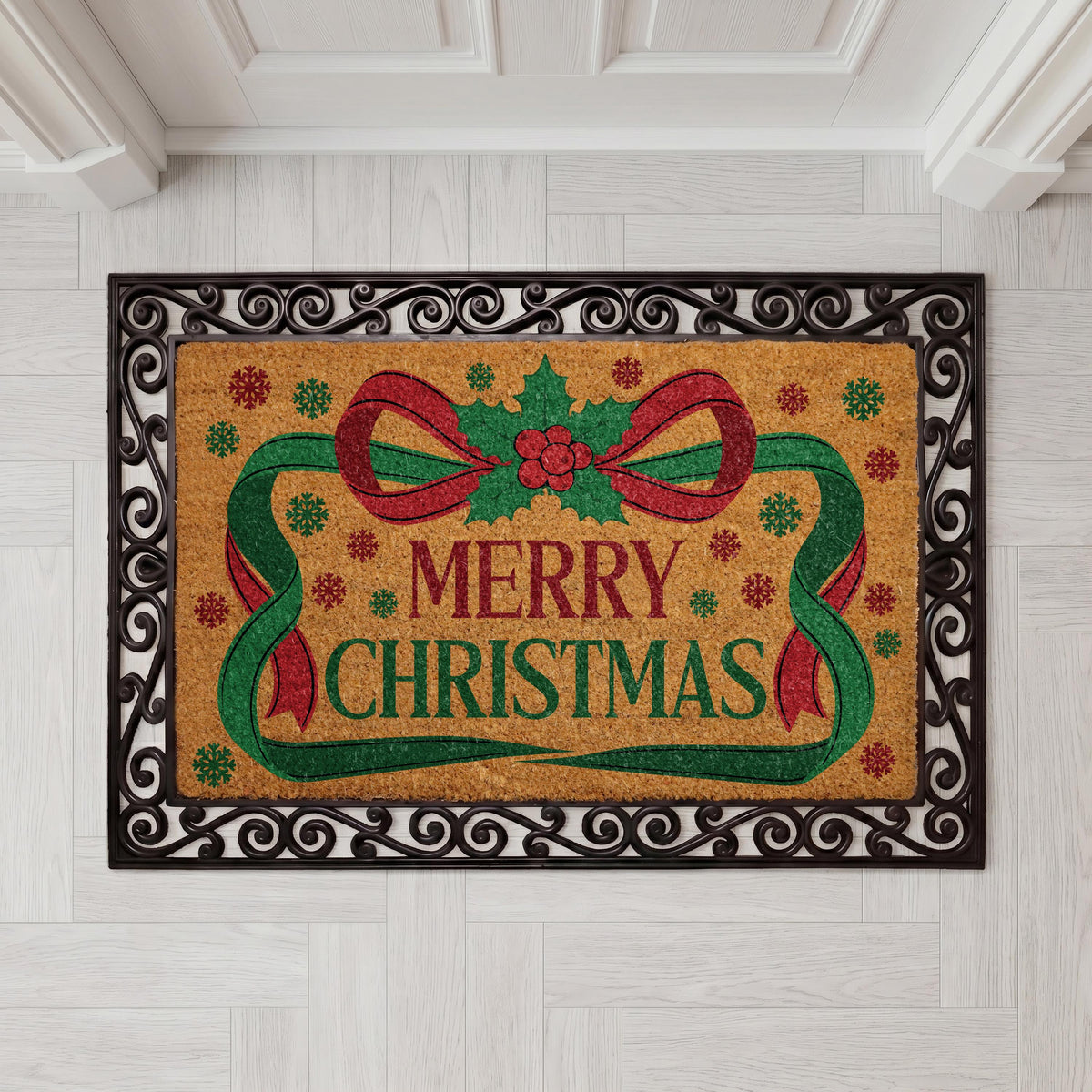 Merry Christmas Door Mat – Festive Red Bow, Holly, Snowflakes (Weather-Resistant)