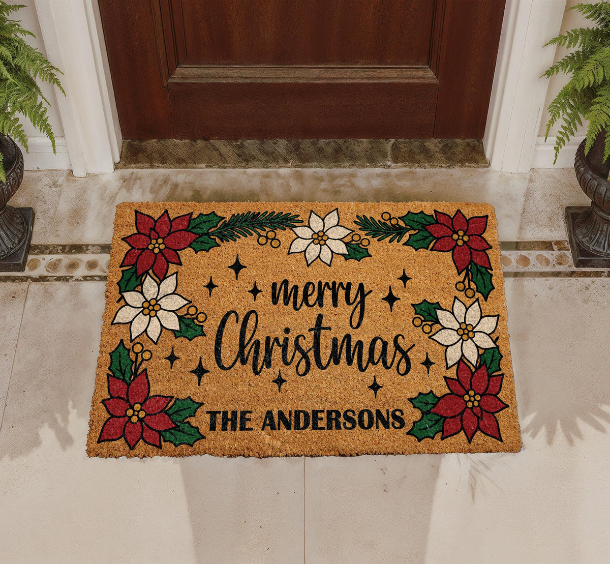 Personalized Christmas Family Doormat, Custom Last Name Holiday Welcome Mat, Farmhouse Porch Decor