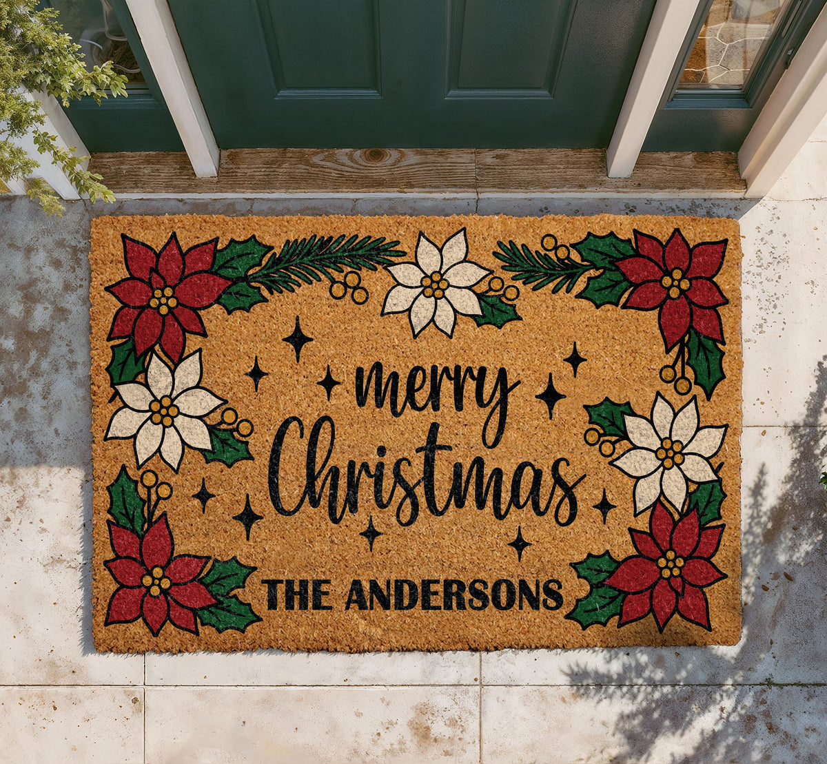 Personalized Christmas Family Doormat, Custom Last Name Holiday Welcome Mat, Farmhouse Porch Decor