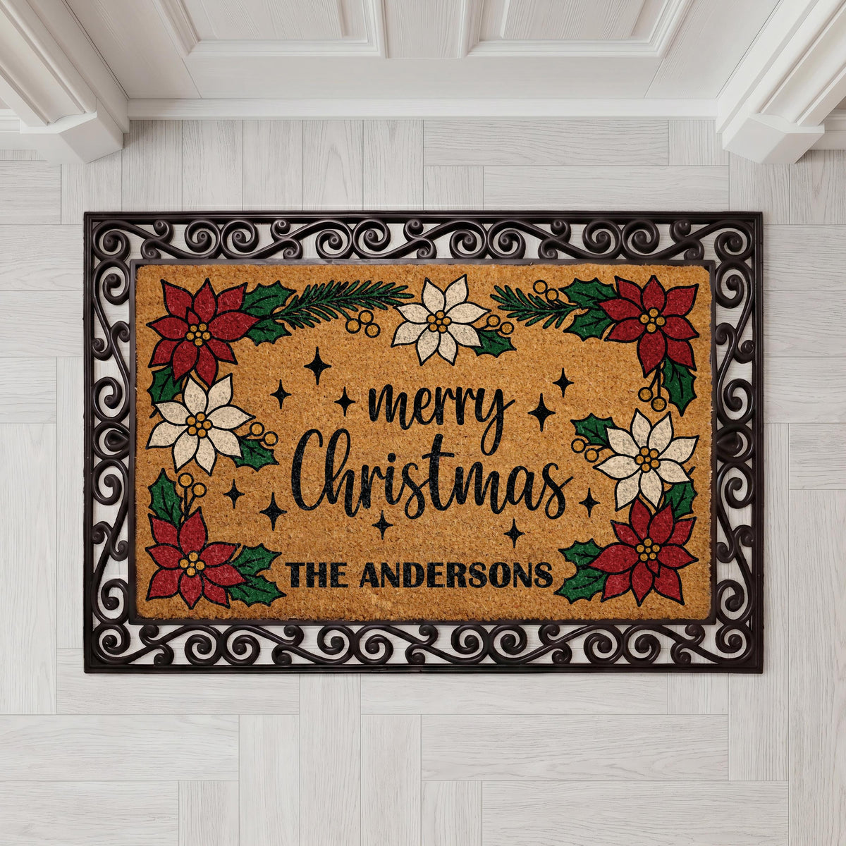Personalized Christmas Family Doormat, Custom Last Name Holiday Welcome Mat, Farmhouse Porch Decor