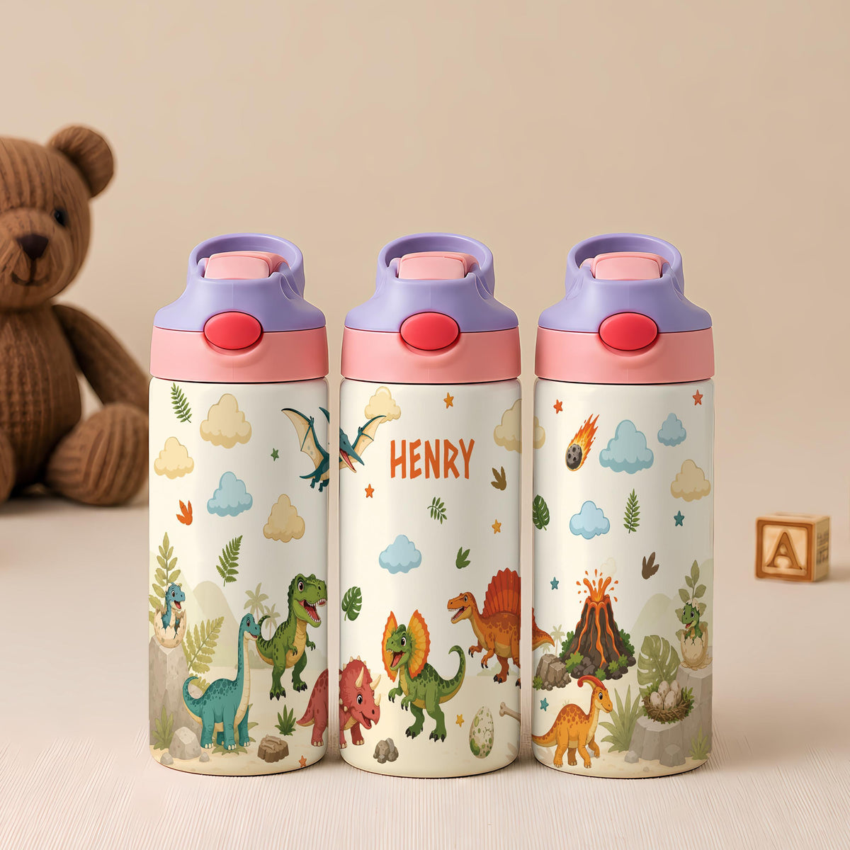 Personalized Dinosaur Tumbler, 12oz Insulated Kids Water Bottle (Leak-Proof)
