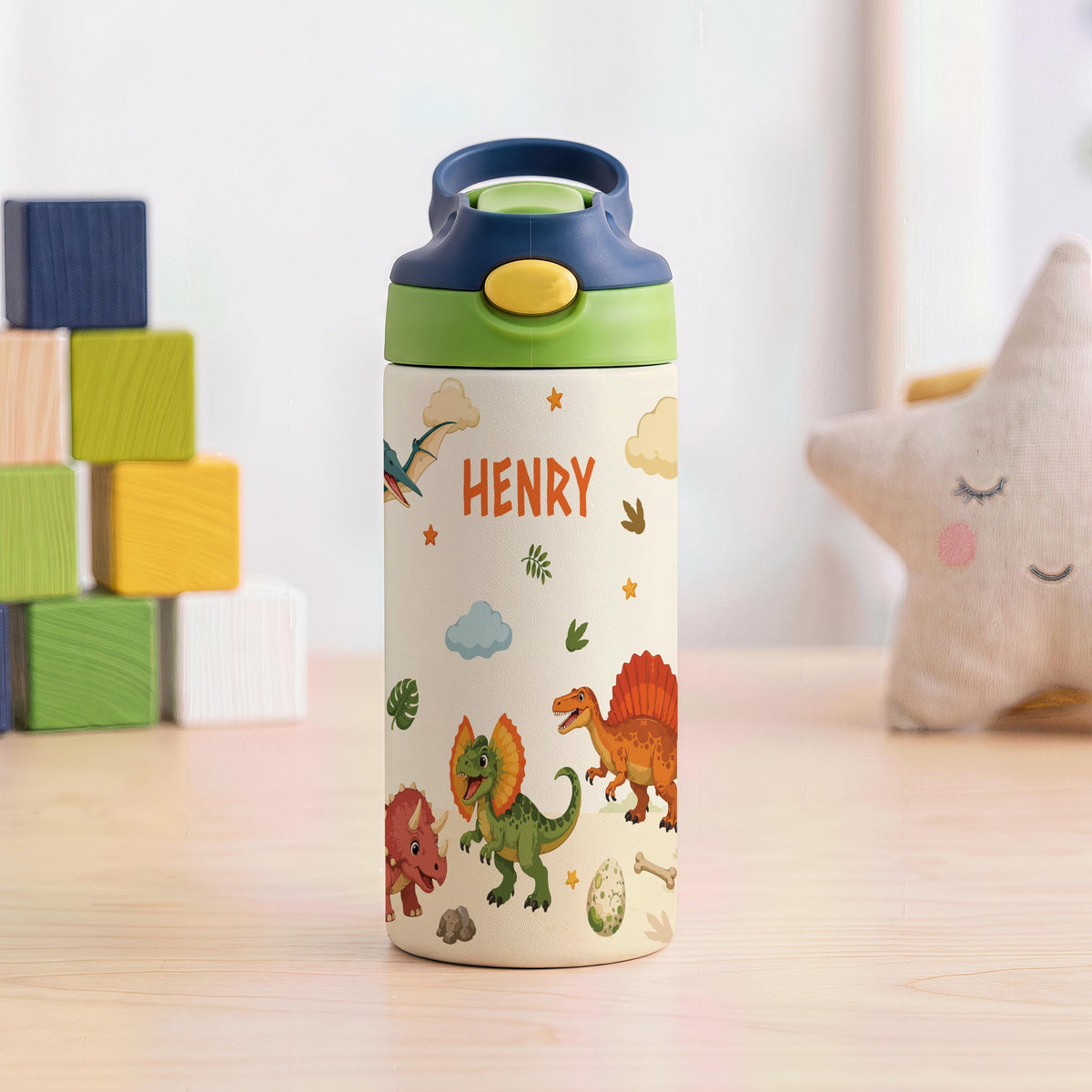Personalized Dinosaur Tumbler, 12oz Insulated Kids Water Bottle (Leak-Proof)