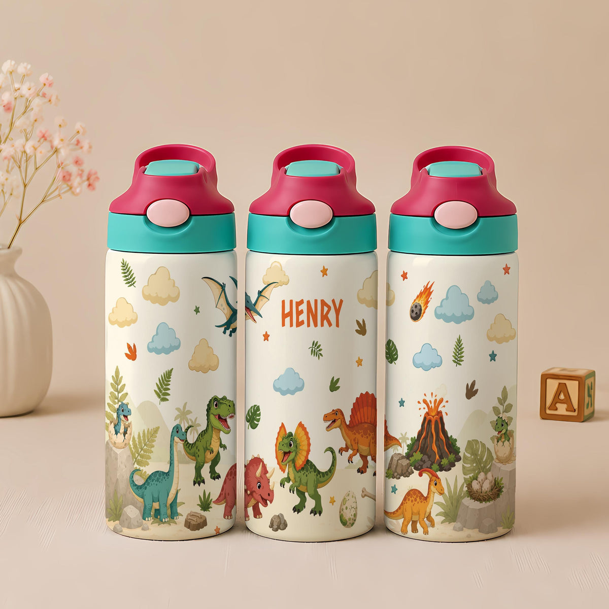 Personalized Dinosaur Tumbler, 12oz Insulated Kids Water Bottle (Leak-Proof)