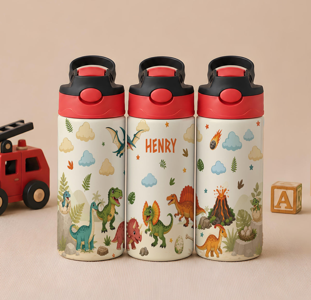 Personalized Dinosaur Tumbler, 12oz Insulated Kids Water Bottle (Leak-Proof)