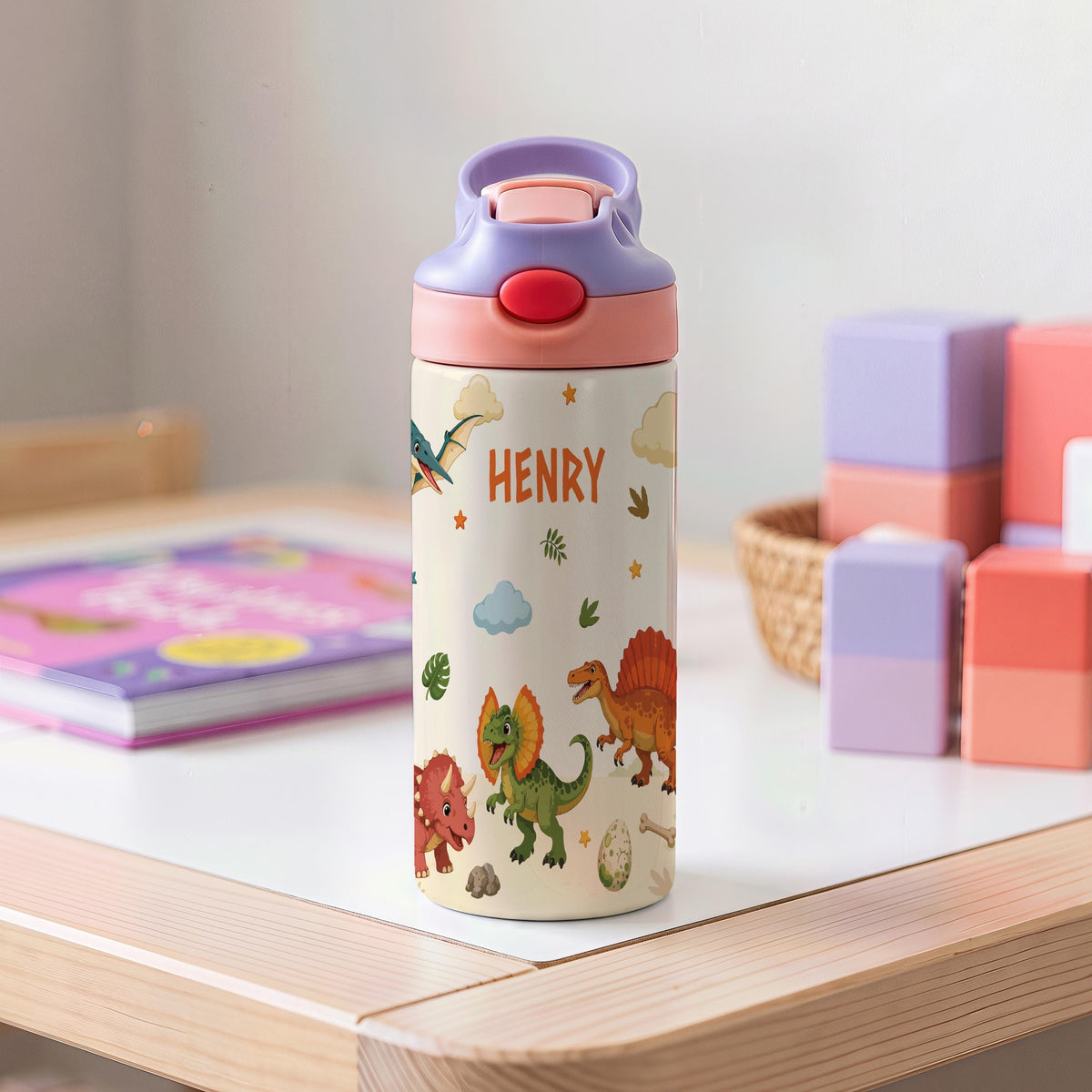 Personalized Dinosaur Tumbler, 12oz Insulated Kids Water Bottle (Leak-Proof)