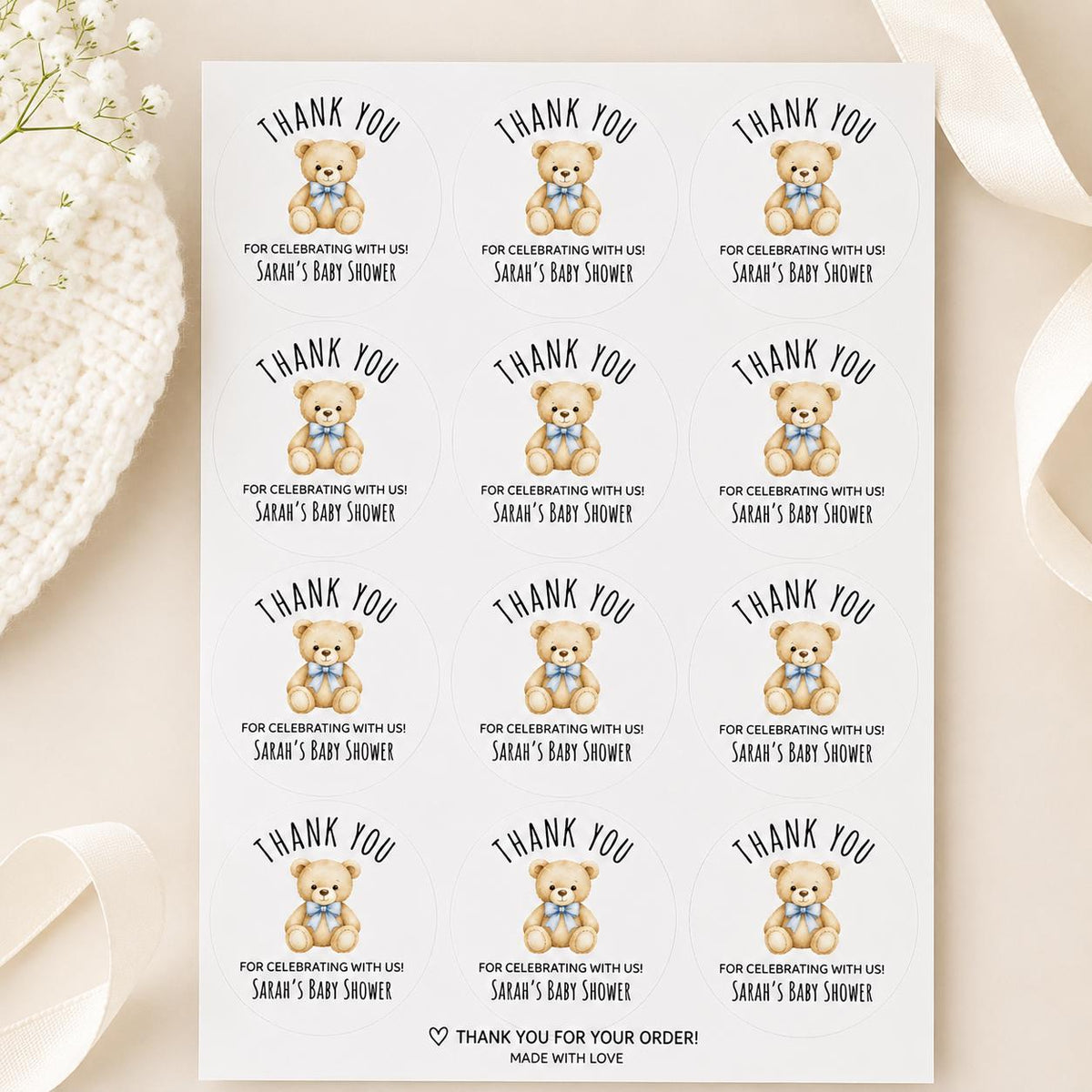 Custom Baby Shower Stickers, Blue Carriage Favor Labels, Personalized Thank You (Round)