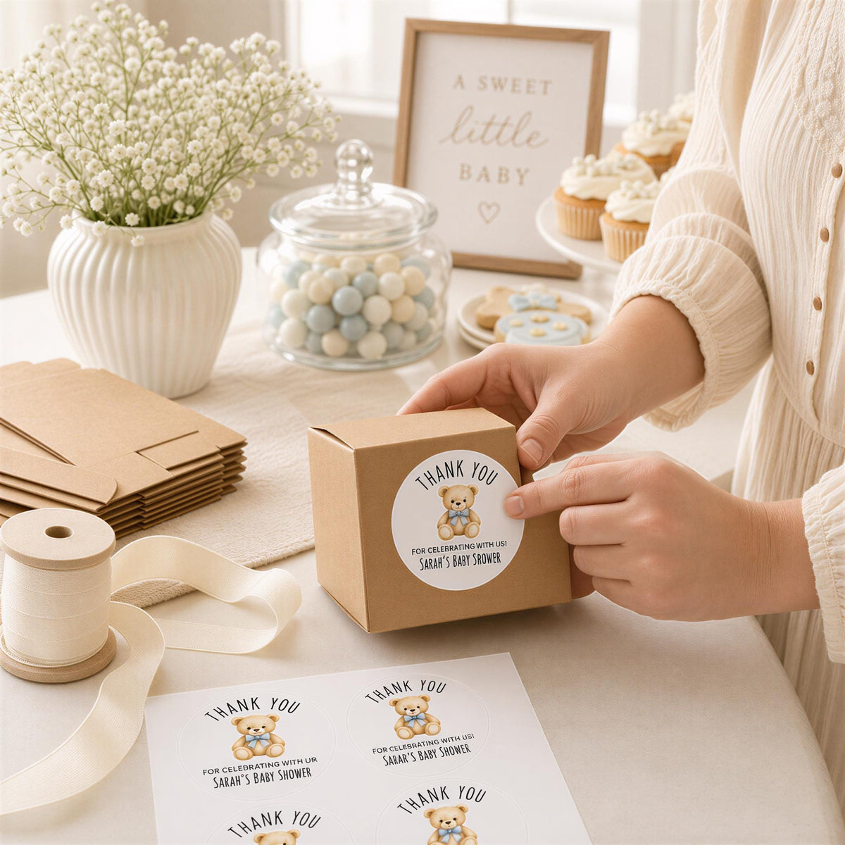 Custom Baby Shower Stickers, Blue Carriage Favor Labels, Personalized Thank You (Round)