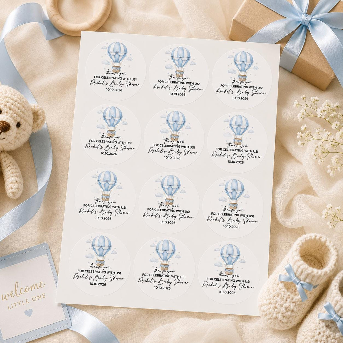 Custom Baby Shower Stickers, Blue Carriage Favor Labels, Personalized Thank You (Round)