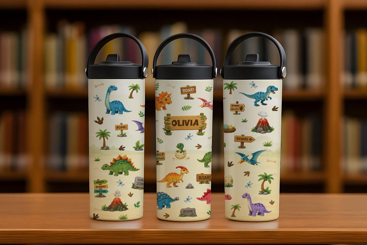 Personalized Dinosaur Insulated Tumbler, Cute Dino Kids Steel Water Bottle With Foldable Straw