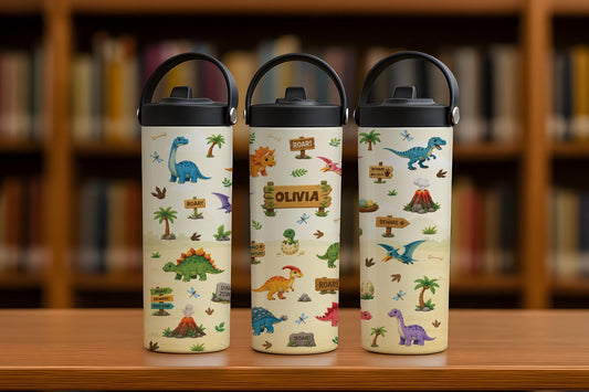 Personalized Dinosaur Insulated Tumbler, Cute Dino Kids Steel Water Bottle With Foldable Straw