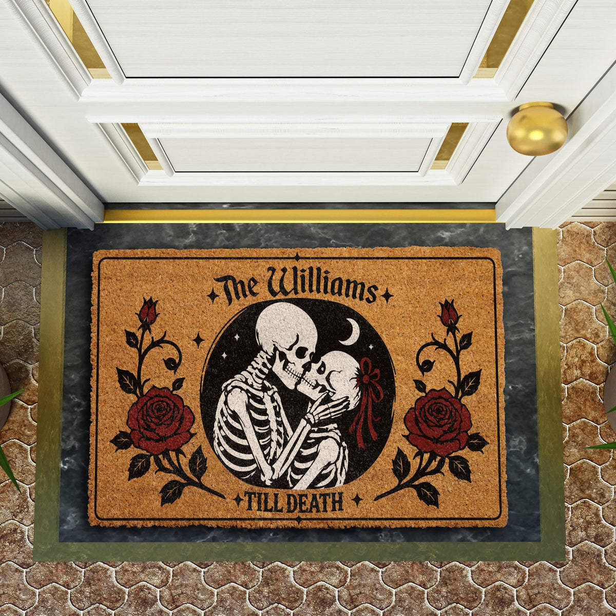 Funny Spooky Home Doormat - Gothic Skeleton Welcome Mat - Romantic Couple Door Mat - Skeleton Love Heart Entry