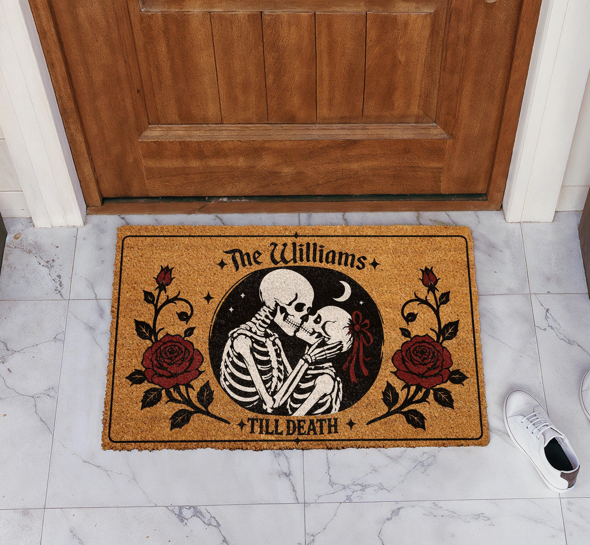 Funny Spooky Home Doormat - Gothic Skeleton Welcome Mat - Romantic Couple Door Mat - Skeleton Love Heart Entry