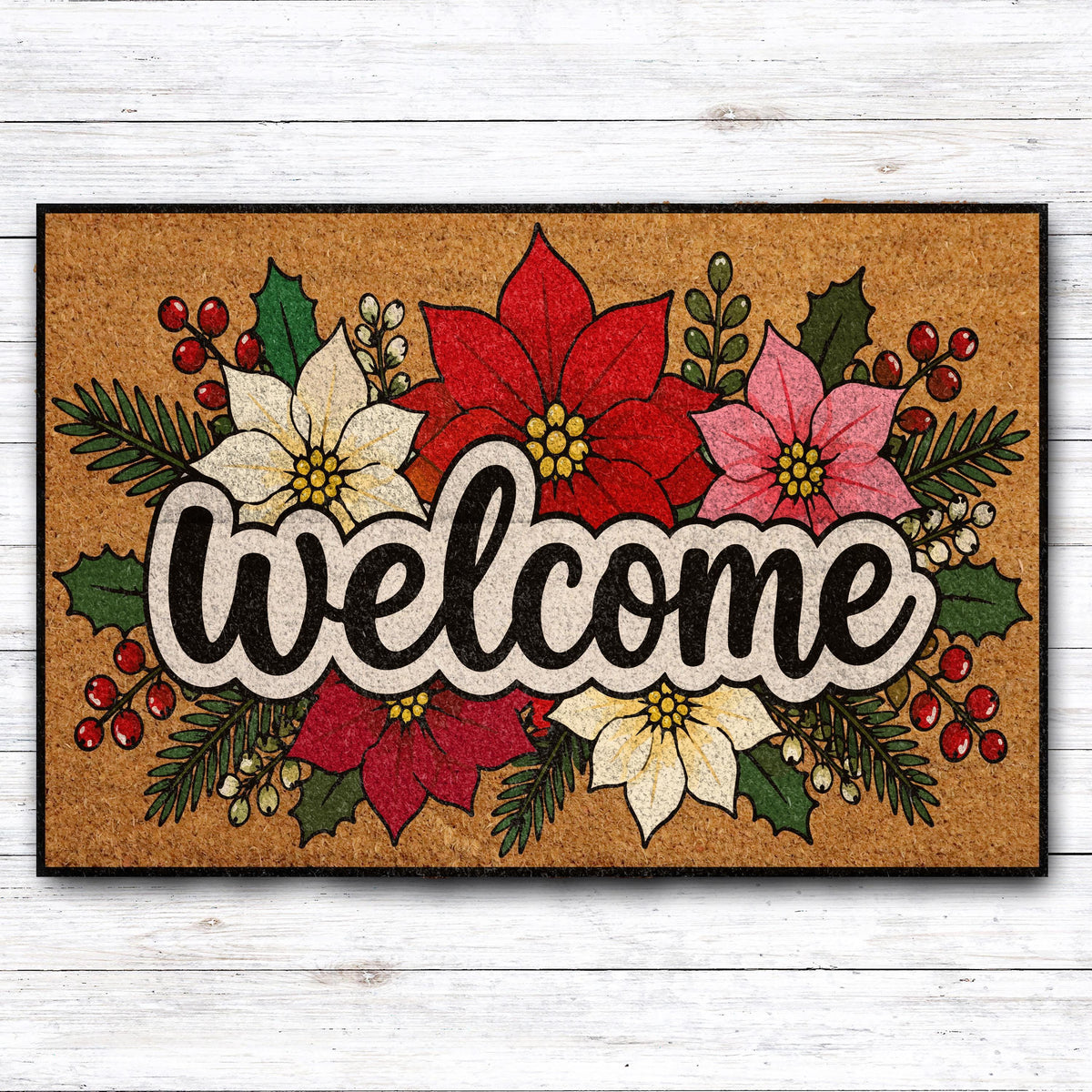 Poinsettia Welcome Mat, Christmas Floral Coir Doormat