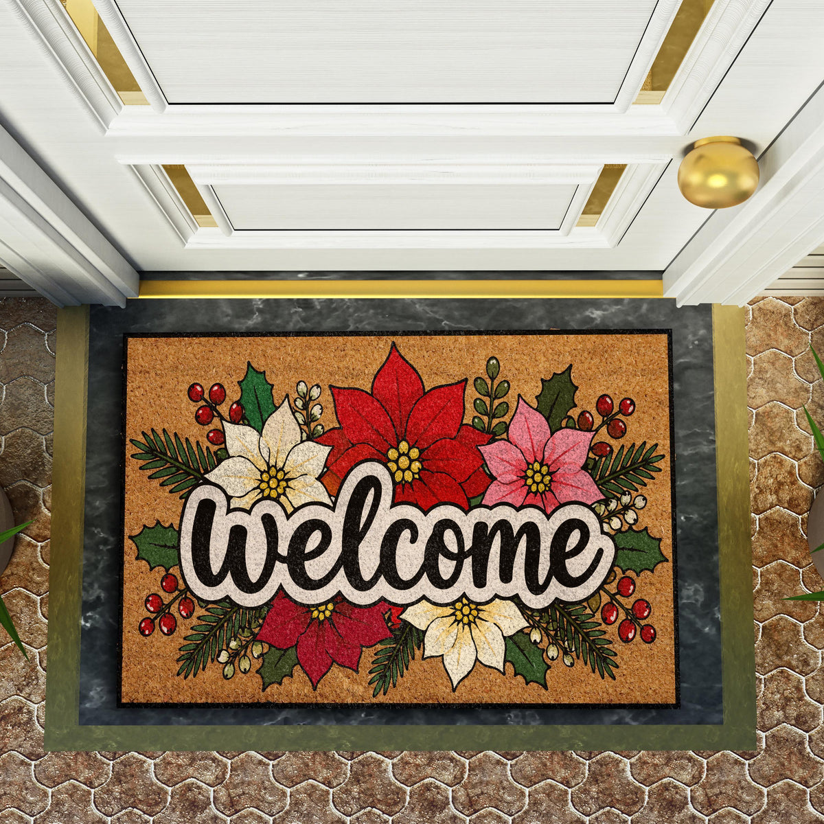 Poinsettia Welcome Mat, Christmas Floral Coir Doormat