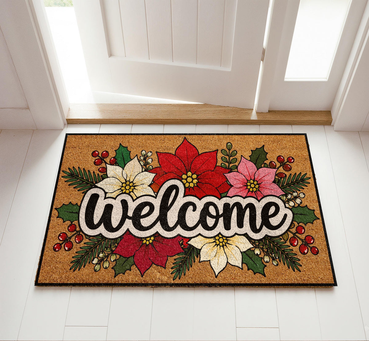 Poinsettia Welcome Mat, Christmas Floral Coir Doormat