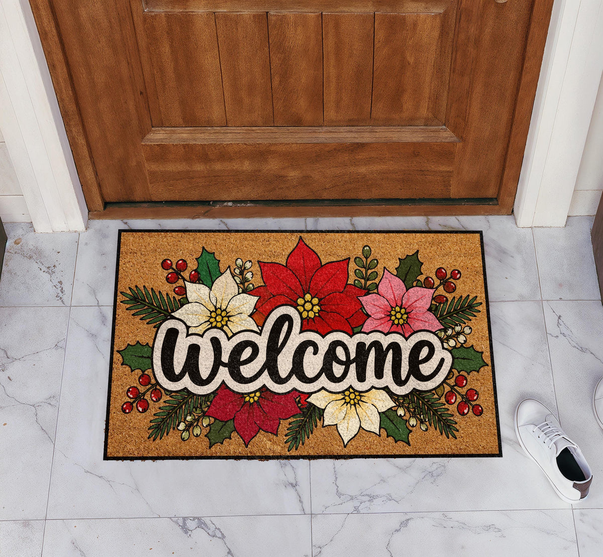 Poinsettia Welcome Mat, Christmas Floral Coir Doormat