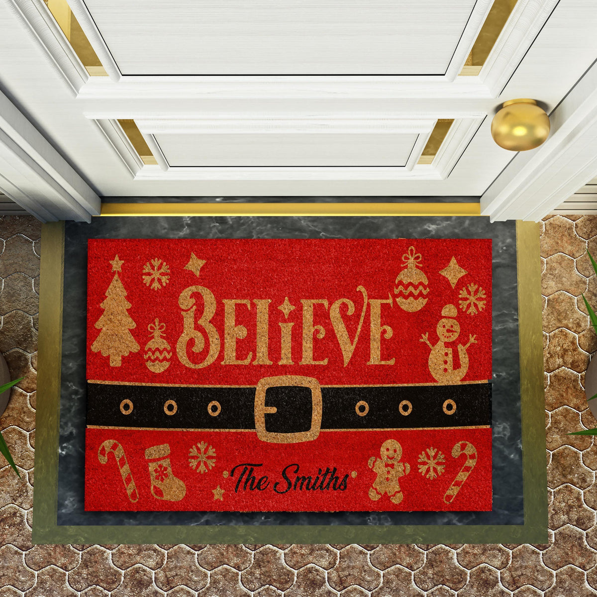 Custom Last Name Believe Christmas Doormat, Red Santa Belt Holiday Welcome Mat