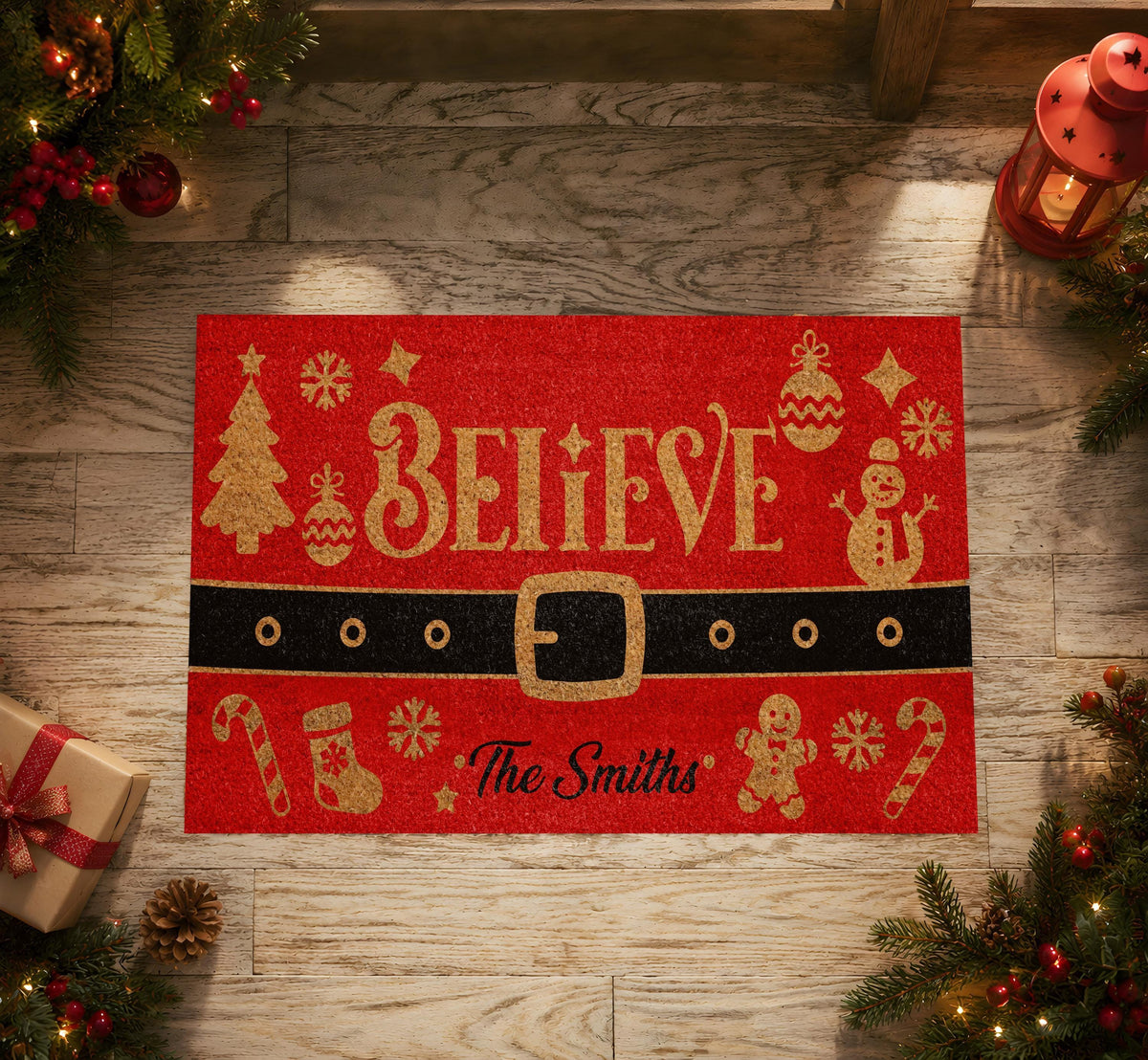 Custom Last Name Believe Christmas Doormat, Red Santa Belt Holiday Welcome Mat