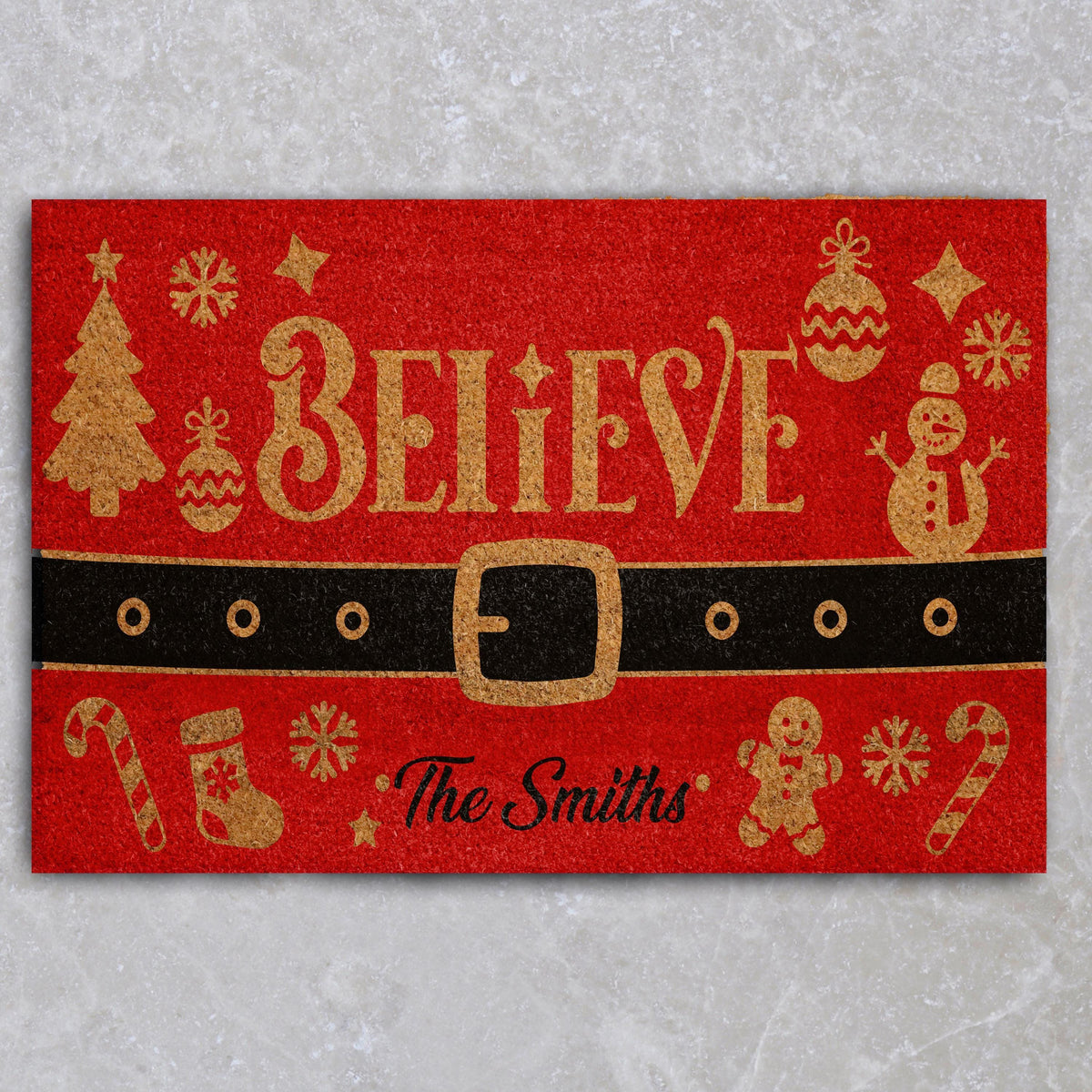Custom Last Name Believe Christmas Doormat, Red Santa Belt Holiday Welcome Mat