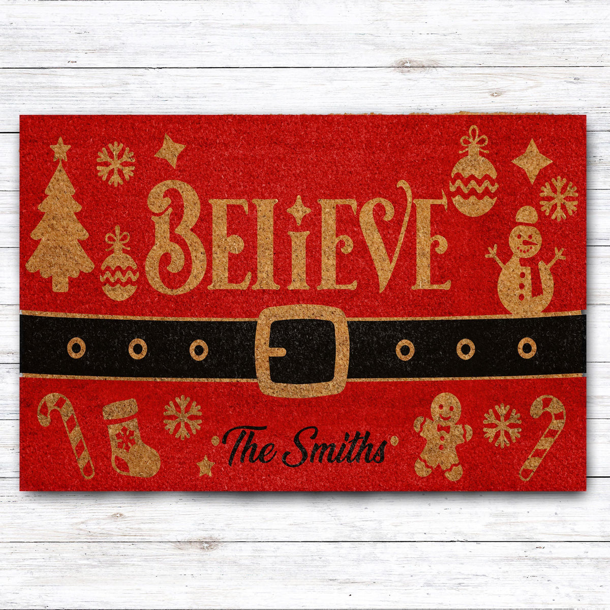 Custom Last Name Believe Christmas Doormat, Red Santa Belt Holiday Welcome Mat