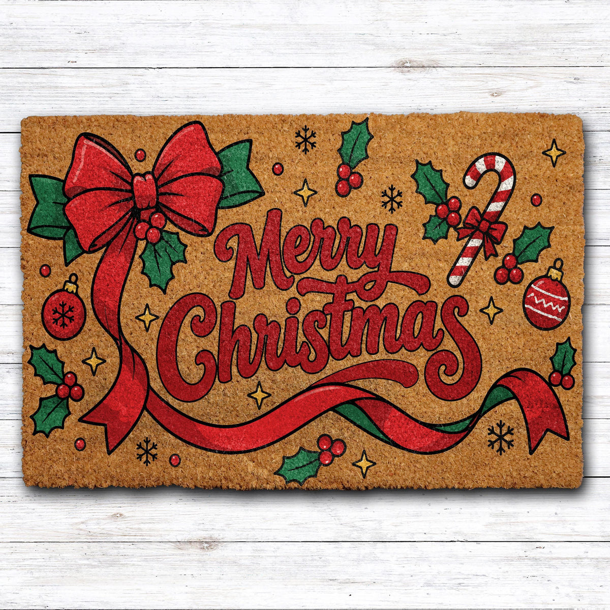 Red Ribbon Bow Holiday Doormat, Aesthetic Merry Christmas Welcome Mat