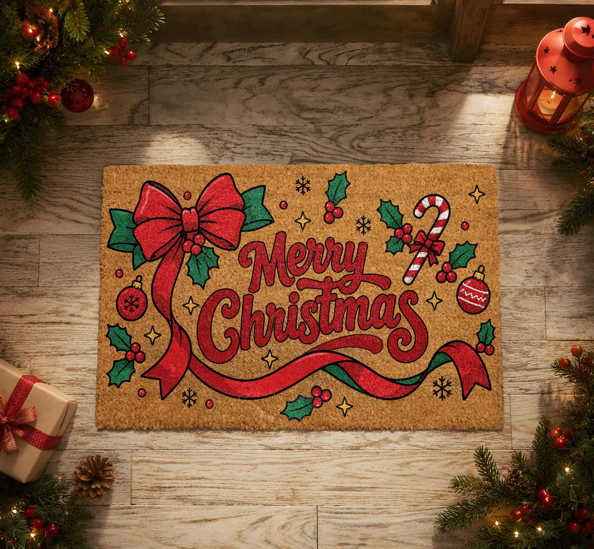 Red Ribbon Bow Holiday Doormat, Aesthetic Merry Christmas Welcome Mat
