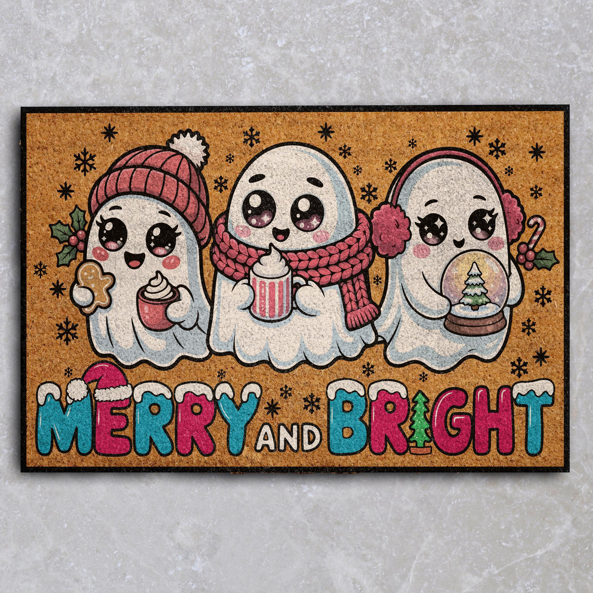 Winter Ghosts Christmas Doormat, Merry and Bright Holiday Welcome Mat